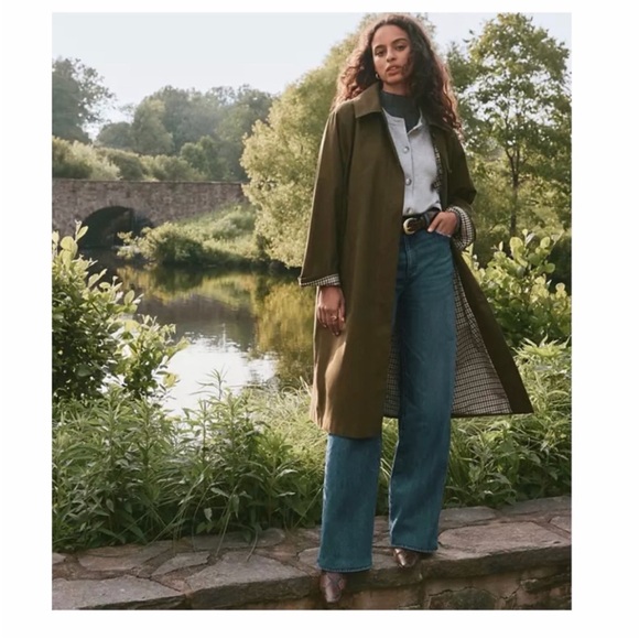 LOFT Olive Green Trench Coat with Plaid Lining - Picture 4 of 9